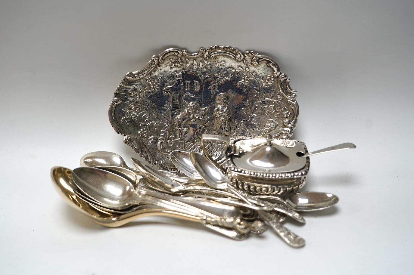 Sundry small silver and other items including, three 19th century Chinese Export fiddle, thread and shell pattern teaspoons by Khecheong, Canton, a white metal trinket dish, 16cm, mustard pot, teaspoons, server etc. Cond